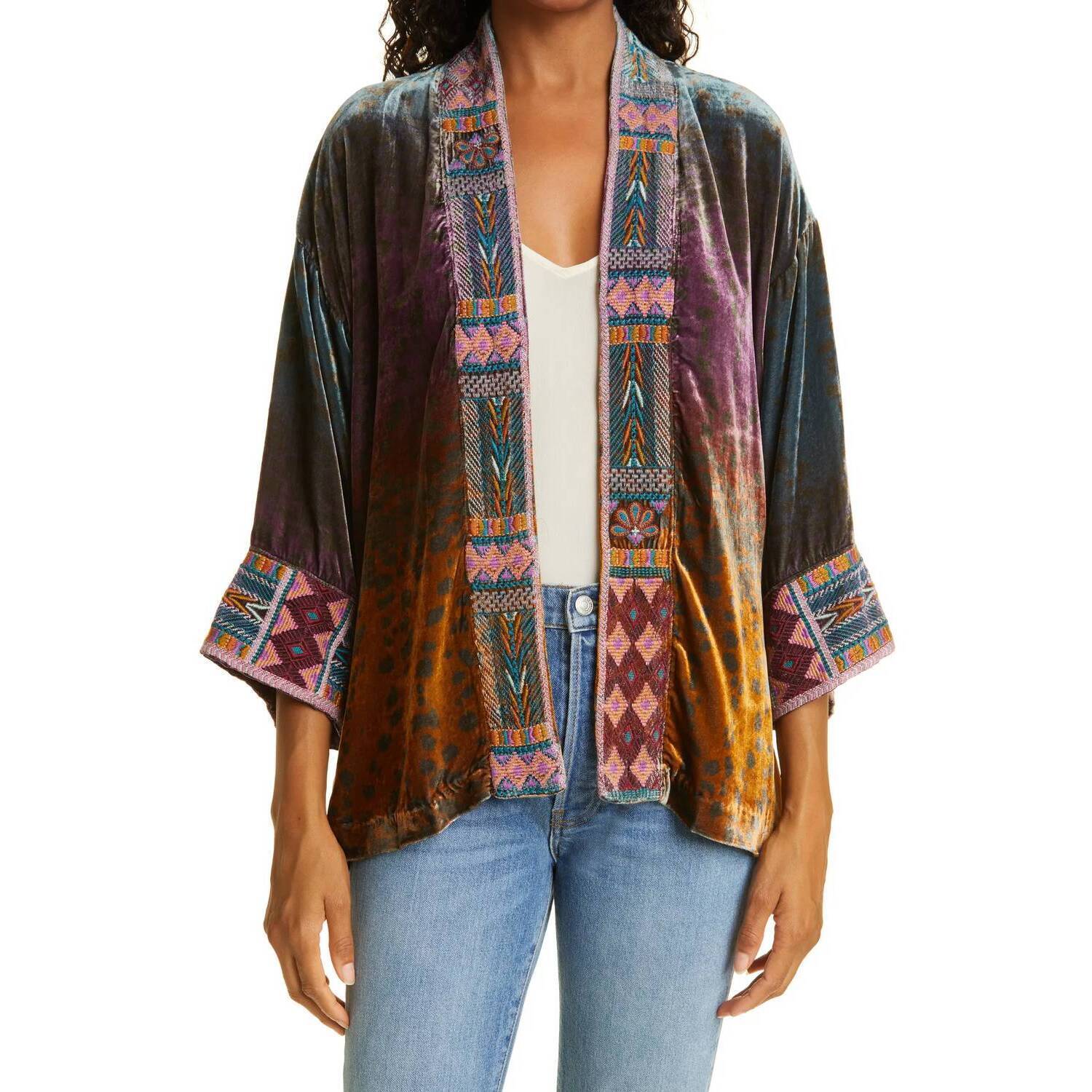New Johnny Was Women's Velvet Cropped Kimono In Multi